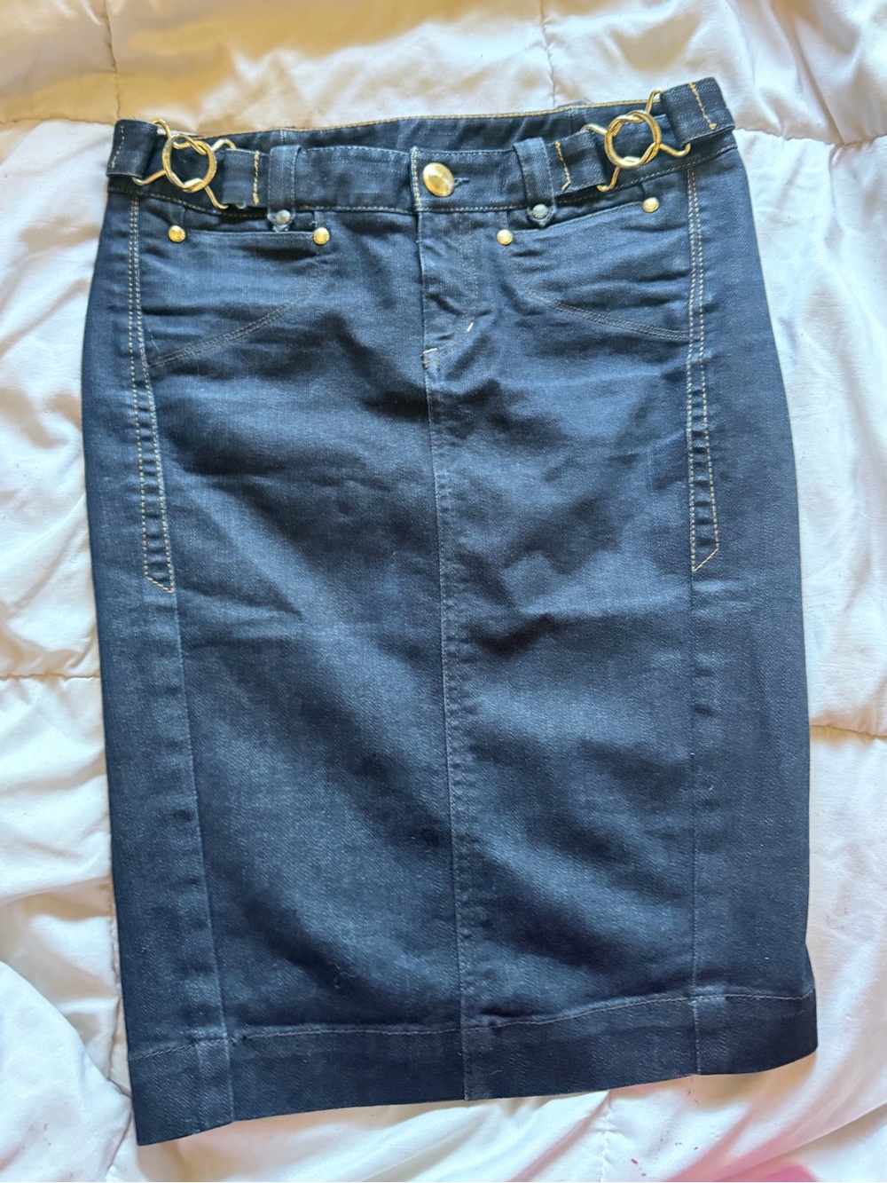 Armani Exchange dark blue Denim Pencil Skirt with Gold Accents